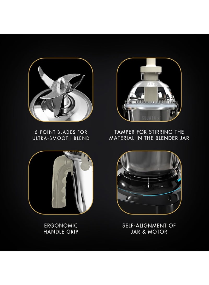 سوجاتا Sujata MG02 Mixer Grinder|1000 Watts Double Ball Bearing Motor|24000 RPM|Non-Stop 90 Mins Running|3 Food Grade Steel Jars including 1500ml Multipurpose, 1000ml Grinder, 500ml Chutney Jar|Beige & White - Image 3